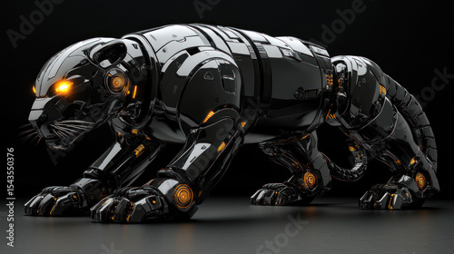 Metallic panther robot, sleek and menacing, with glowing orange eyes