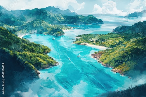 Lush tropical bay with sailing vessels.