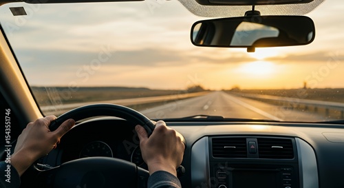 Driving Into the Sunset Hands on Steering Wheel Travel Journey