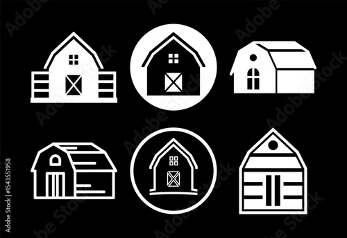 Farming barn icons set design, farm and agriculture barn sign white on black background