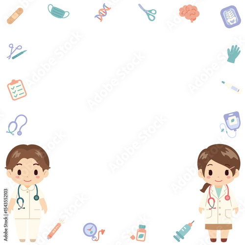 可愛くてシンプルな医者と看護師の医療フレーム(Cute and Simple Medical Frame with Doctor and Nurse Characters)