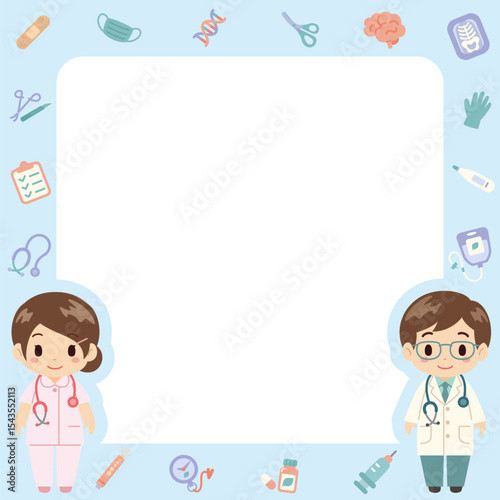 可愛くてシンプルな医者と看護師の医療フレーム／青フレーム囲みバージョン(Cute and Simple Medical Frame with Doctor and Nurse Characters – Blue Border Version)