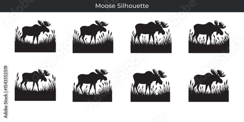 Eight silhouetted moose images with antlers standing in tall grass fields and reeds