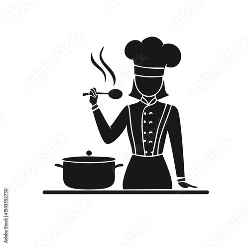 Woman chef cooking delicious food in pot