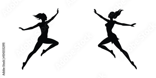 Dynamic depiction of a woman jumping mid‑air Flat Silhouette on White Background