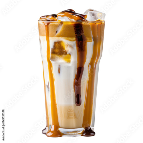Creamy iced coffee with caramel drizzle, served in tall glass, showcasing layers of milk and coffee
