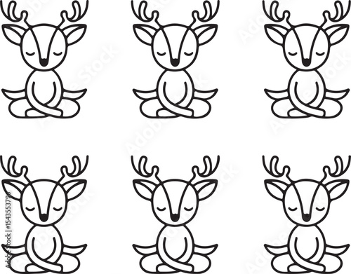 Six Adorable Reindeer Meditating Line Art Illustration Black White Cute Animals Yoga Poses Simple Design