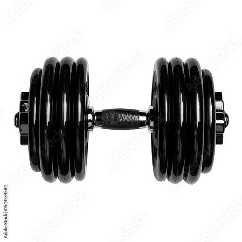 Black adjustable dumbbell with textured grip, designed for strength training and fitness workouts, showcasing its sleek and modern design