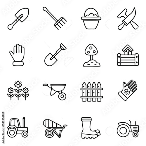 Outline style vector illustration of gardening tools and equipment icons set