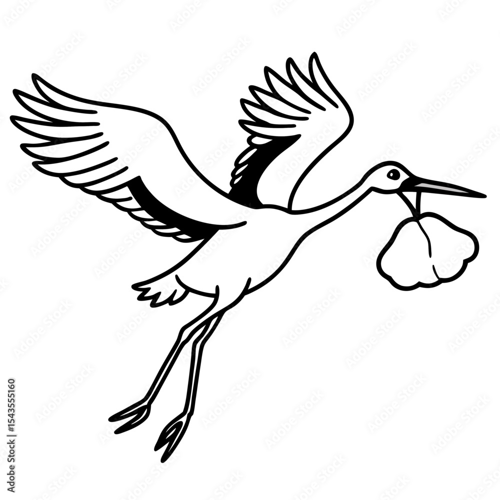Obraz premium Stork Flying with Bundle in Beak – Clean and Elegant Line Illustration