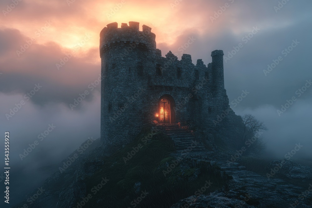 Fototapeta premium Medieval tower in misty landscape