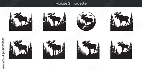 Collection of black moose silhouette designs illustrating wildlife and forest landscapes