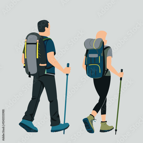 Couple Hiking with Backpacks and Trekking Poles in Minimalist Vector Style