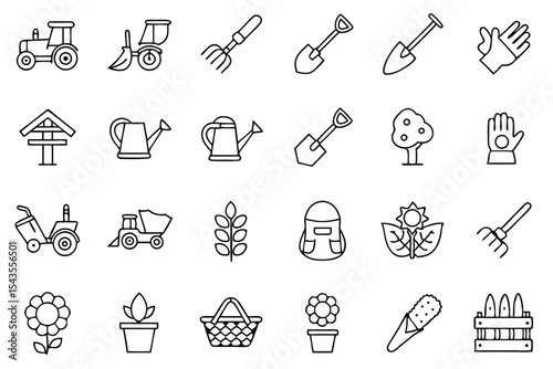 Set of Gardening and Farming Outline Icons in Black and White