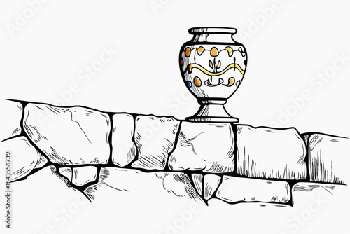 An illustration in hand-drawn charcoal sketch style featuring a decorative vase on a stone wall