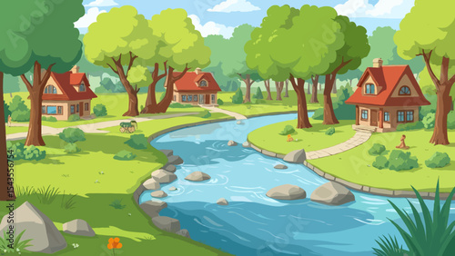 lake with green scenery cartoon art
