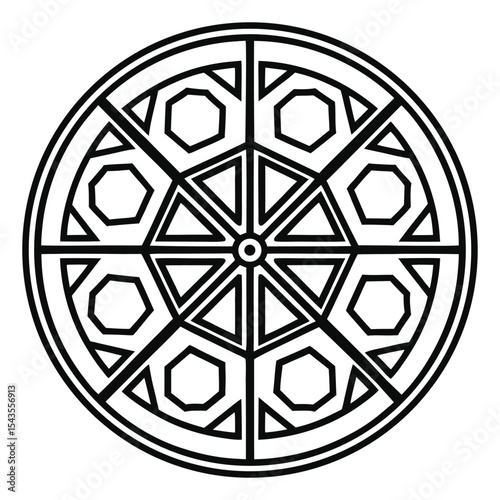 Geometric Mandala Design: Round Abstract Vector Illustration with Lines, Polygons, and Octagons - Black and White Outline Art, Oriental Decoration    