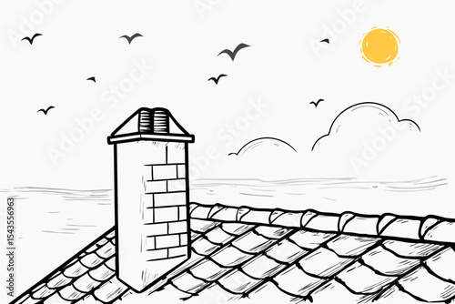 An illustration in hand-drawn charcoal sketch style featuring a chimney on a rooftop with sun and birds
