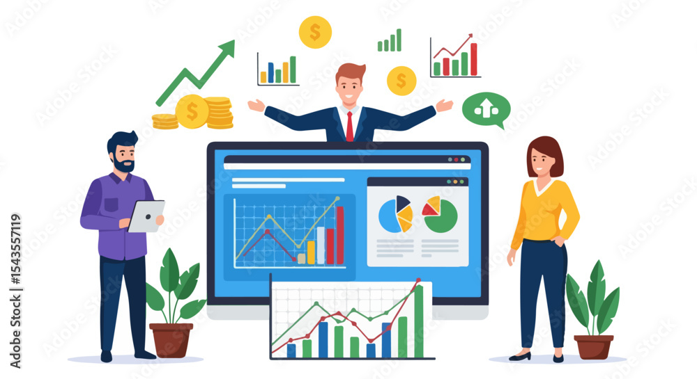 Fototapeta premium Flat Design Illustration of Business Team Analyzing Financial Data on Desktop Monitor with Floating Charts, Coins, and Growth Icons Representing Market Strategy and Team Collaboration