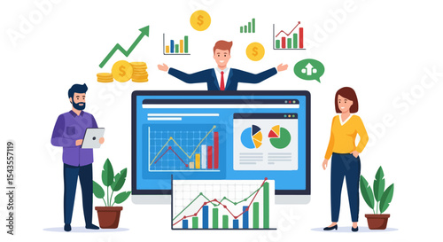 Flat Design Illustration of Business Team Analyzing Financial Data on Desktop Monitor with Floating Charts, Coins, and Growth Icons Representing Market Strategy and Team Collaboration