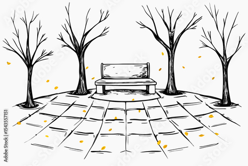 An illustration in hand-drawn charcoal sketch style featuring a park bench surrounded by bare trees and fallen leaves
