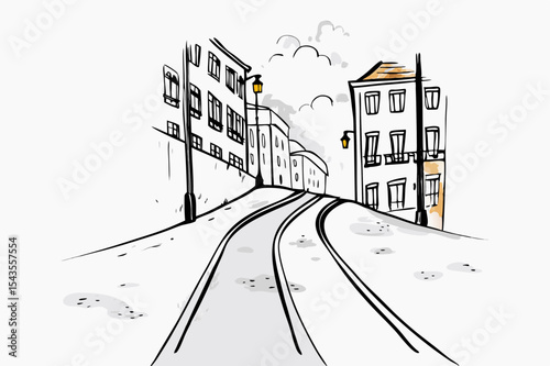An illustration in hand-drawn charcoal sketch style featuring tram tracks in Lisbon
