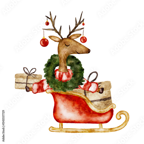 Reindeer with presents in sleigh vector for christmas. Vector clip art illustration