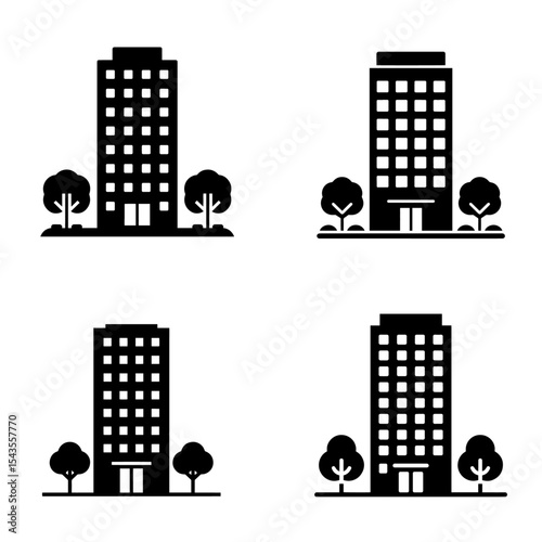 Four simple black and white illustrations of modern office buildings.