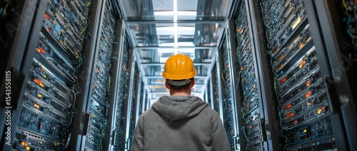 A technician checks server racks at a data center to make sure they are safe and operating at peak efficiency.