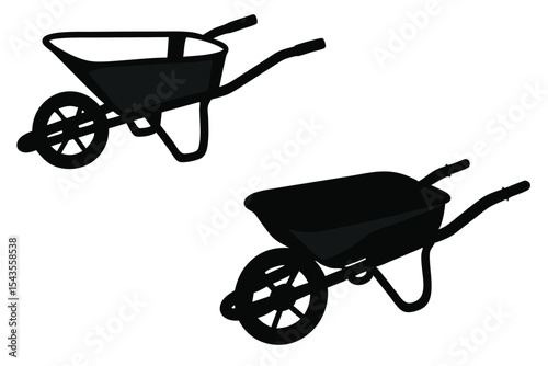 Two wheelbarrows one in outline and one in silhouette on white
