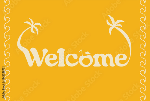 Wavy frame with Wecome text, yellow palms on white background. Vector set of palms for wedding invitations and greeting card design, Hawaiian concept, Summer concept,