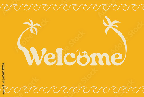 Wavy frame with Wecome text, white palms on yellow background. Vector set of palms for wedding invitations and greeting card design, Hawaiian concept, Summer concept,