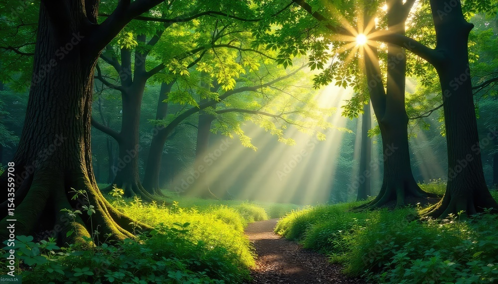 Obraz premium Sunlight dapples through the canopy of a lush forest woodland, illuminating the vibrant green undergrowth and ancient trees A peaceful scene of nature's tranquility , undergrowth, sunlight
