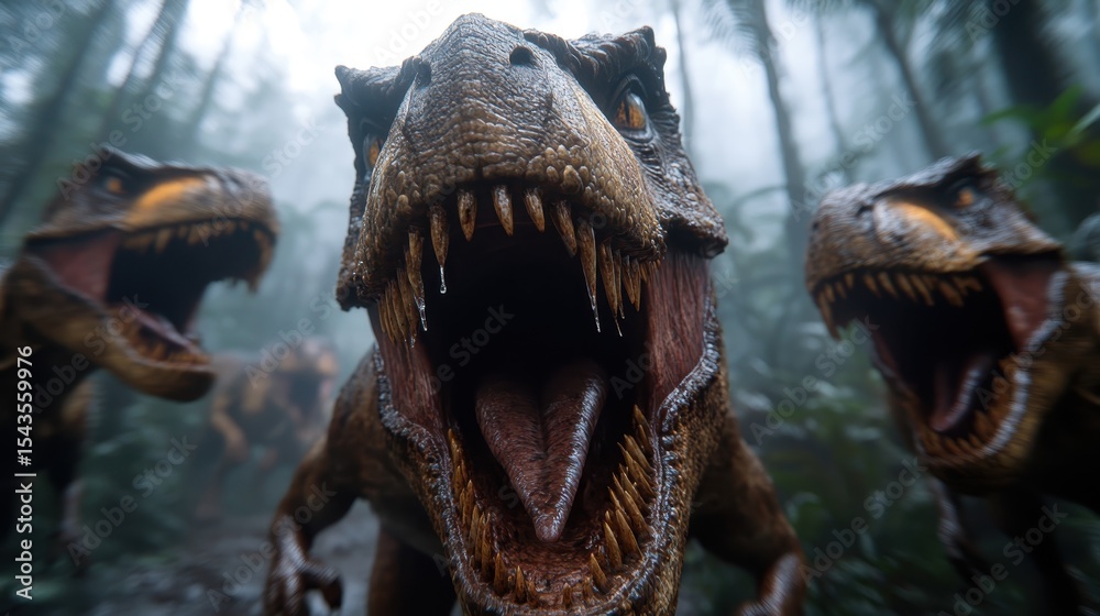 Obraz premium A dramatic depiction of fierce dinosaurs roaring in a dense jungle, creating an intense atmosphere that evokes excitement and the primal nature of these ancient creatures.