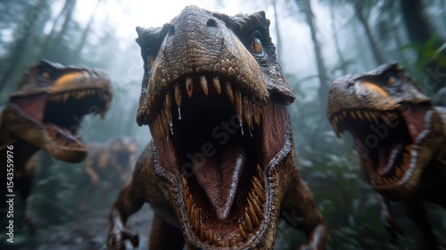 Fototapeta Naklejka Na Ścianę i Meble -  A dramatic depiction of fierce dinosaurs roaring in a dense jungle, creating an intense atmosphere that evokes excitement and the primal nature of these ancient creatures.