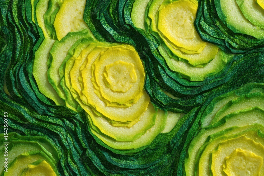 Obraz premium Exploring the mesmerizing patterns of zucchini slices in an abstract composition bursting with color and texture