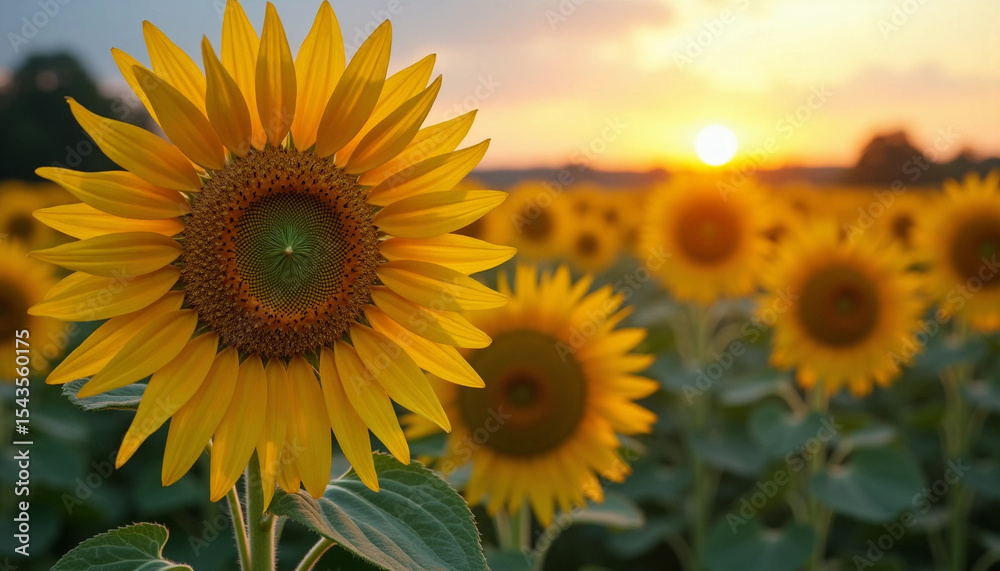 Fototapeta premium A Golden Sunflower Field Bathed in Summer Sunset Glow, Full of Life and Vitality