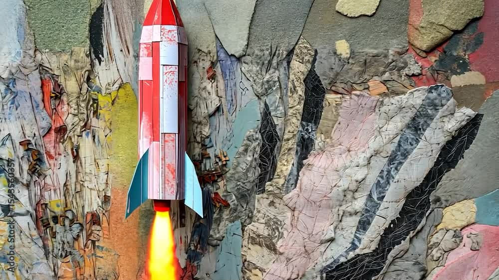 Colorful rocket launches from a textured surface