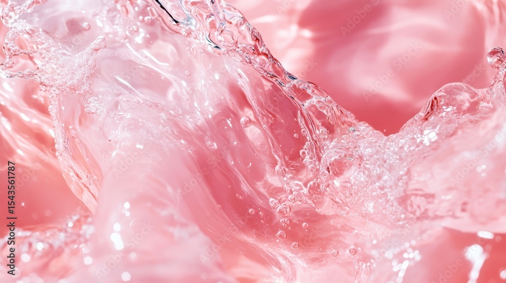 Fototapeta premium The dynamic beauty of water is highlighted in a soft pink backdrop, capturing splashes and droplets that evoke feelings of freshness and tranquility in an artistic manner.