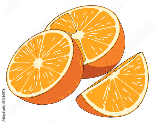 Cut orange slices, realistic illustration, vibrant colors, fresh fruit