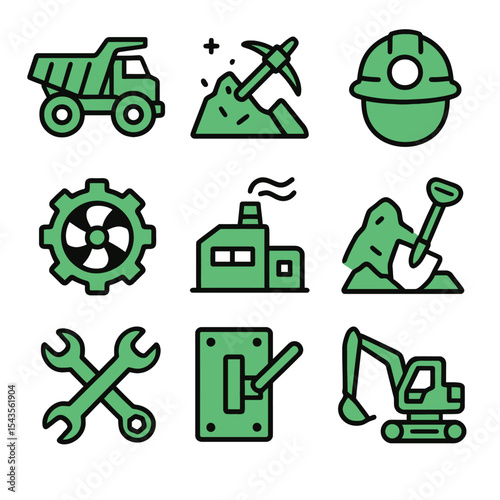 Mining icons. Truck, mining, helmet, gear, factory, excavation, tools, lever, excavator, construction