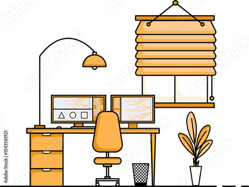 Digital Workspace: A modern minimalist workspace is depicted with a computer, office desk, and other elements that show a smart workplace. This setting highlights the synergy of work, technology.