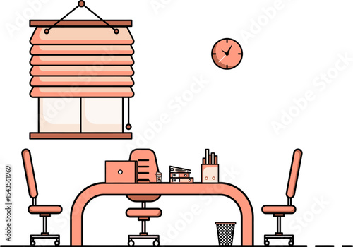 Workspace illustration: A minimalistic illustration that captures the essence of a modern workspace. Showcasing the organized desk, comfortable chairs, window with blinds and clock.
