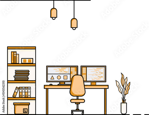 Modern Office Desk: Minimalist representation of a modern office desk, designed with functional elegance. Displaying a streamlined aesthetic, the setting embodies productivity