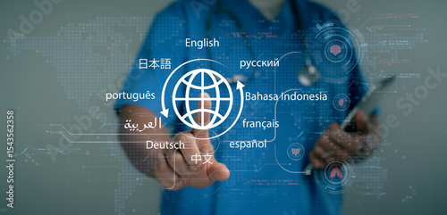 Doctor interacting with multilingual interface for medical translation AI language support communication system healthcare innovation global connection and international information network