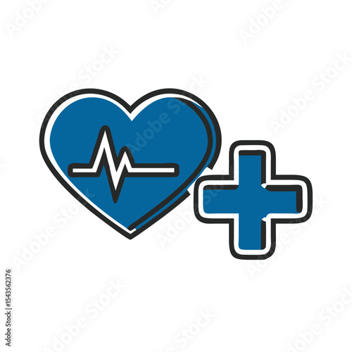Blue heart with pulse line and plus sign symbolizing health and care concept