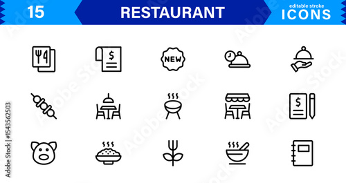 Professional Restaurant Icon Collection Featuring Food, Dining, Chef, Menu, and Kitchen Tools in a Clean, Marketable Vector Format for Stock Use