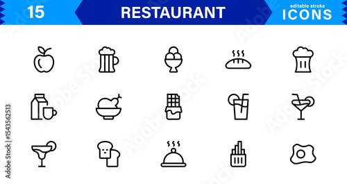 Professional Restaurant Icon Collection Featuring Food, Dining, Chef, Menu, and Kitchen Tools in a Clean, Marketable Vector Format for Stock Use