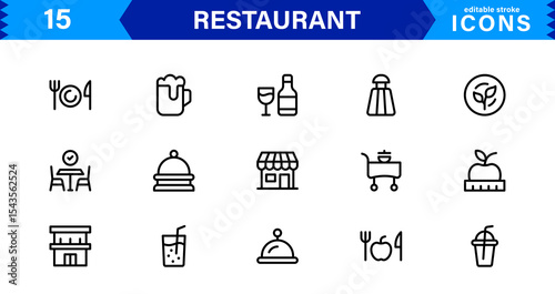 Professional Restaurant Icon Collection Featuring Food, Dining, Chef, Menu, and Kitchen Tools in a Clean, Marketable Vector Format for Stock Use