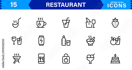 Professional Restaurant Icon Collection Featuring Food, Dining, Chef, Menu, and Kitchen Tools in a Clean, Marketable Vector Format for Stock Use